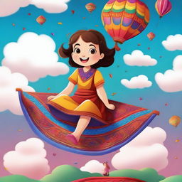 A charming scene featuring a small girl sitting on a flying carpet as it glides through the sky