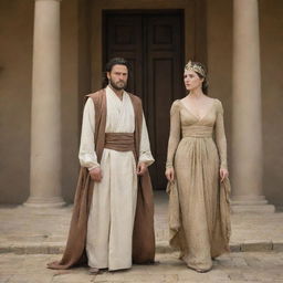 A scene where Abel, an ancient historical figure, is standing with a strikingly beautiful woman of his era. Both are garbed in period-appropriate attire, contributing to the authentic ambiance of the times.