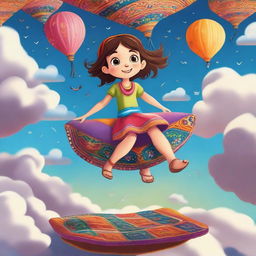 A charming scene featuring a small girl sitting on a flying carpet as it glides through the sky