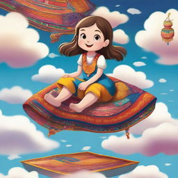 A charming scene featuring a small girl sitting on a flying carpet as it glides through the sky