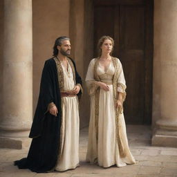 A scene where Abel, an ancient historical figure, is standing with a strikingly beautiful woman of his era. Both are garbed in period-appropriate attire, contributing to the authentic ambiance of the times.