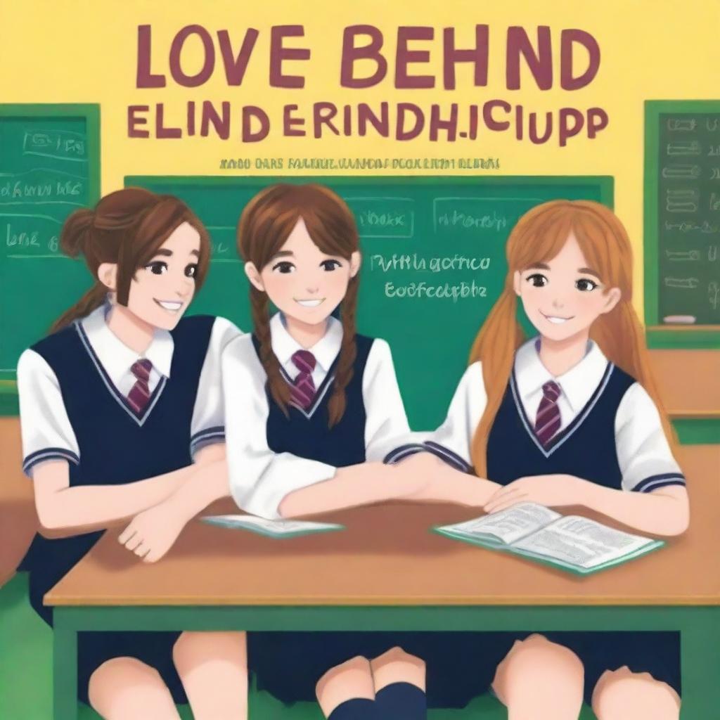 The cover of the book entitled 'Love Behind Friendship' depicts four high school teenagers, two girls and two boys, sitting on separate benches with a classroom background