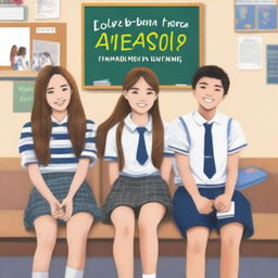 The cover of the book entitled 'Love Behind Friendship' depicts four high school teenagers, two girls and two boys, sitting on separate benches with a classroom background