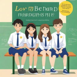 The cover of the book entitled 'Love Behind Friendship' depicts four high school teenagers, two girls and two boys, sitting on separate benches with a classroom background