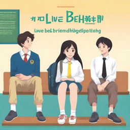 The cover of the book entitled 'Love Behind Friendship' depicts four high school teenagers, two girls and two boys, sitting on separate benches with a classroom background