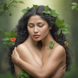 Mother Nature personified embracing a human, symbolizing love between nature and humanity