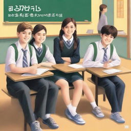 The cover of the book depicts four high school teenagers, two girls and two boys, sitting on separate benches with a classroom background