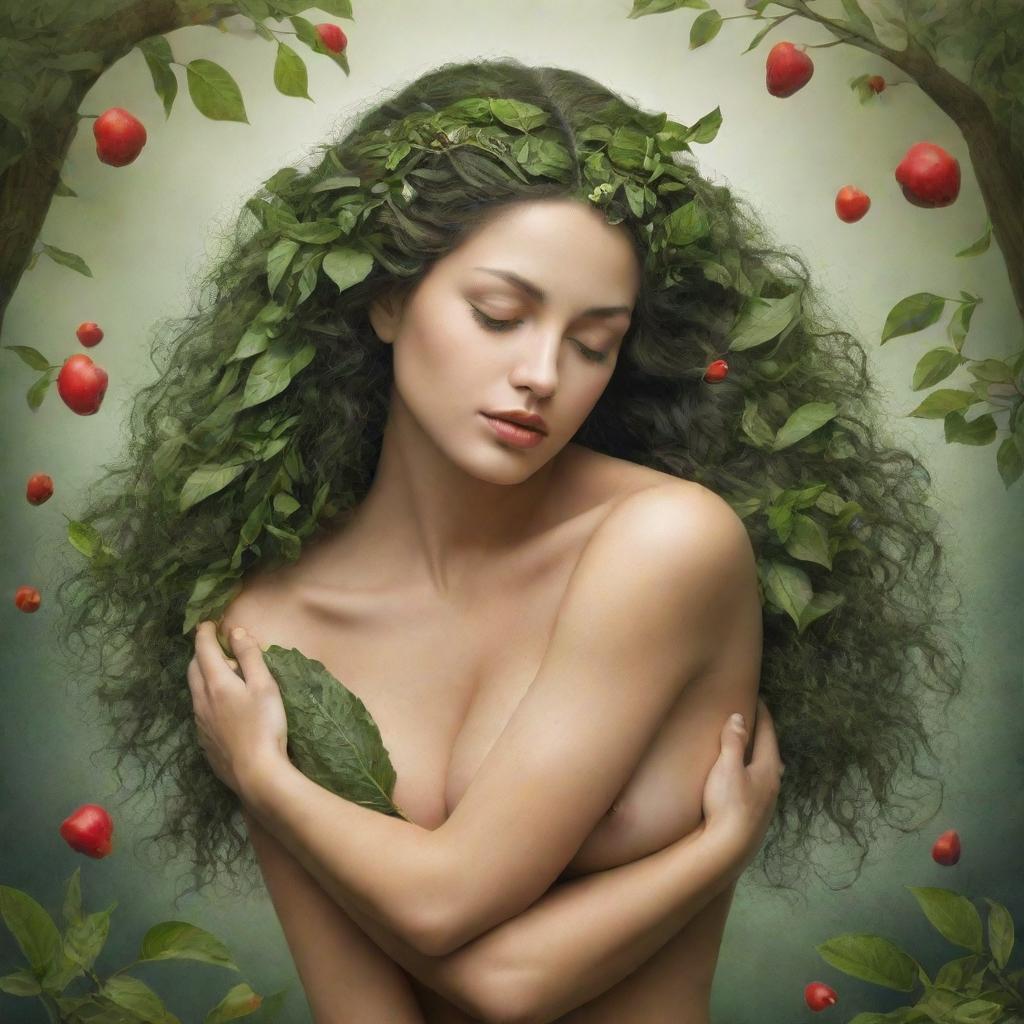 Mother Nature personified embracing a human, symbolizing love between nature and humanity