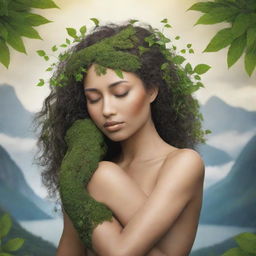 Mother Nature personified embracing a human, symbolizing love between nature and humanity