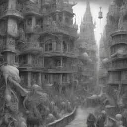 A detailed drawing of a city filled with numerous figures, blending the styles of intricate worlds, surrealistic portraits, organic sculpting, intricate weaving, Lovecraftian elements, and realistic graphite drawings