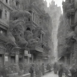 A detailed drawing of a city filled with numerous figures, blending the styles of intricate worlds, surrealistic portraits, organic sculpting, intricate weaving, Lovecraftian elements, and realistic graphite drawings