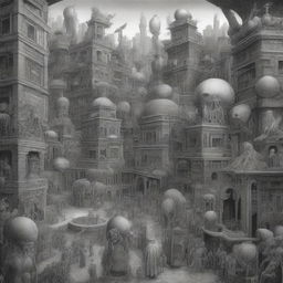 A detailed drawing of a city filled with numerous figures, blending the styles of intricate worlds, surrealistic portraits, organic sculpting, intricate weaving, Lovecraftian elements, and realistic graphite drawings