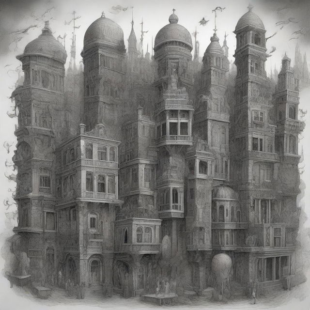 A detailed drawing of a city filled with numerous figures, blending the styles of intricate worlds, surrealistic portraits, organic sculpting, intricate weaving, Lovecraftian elements, and realistic graphite drawings