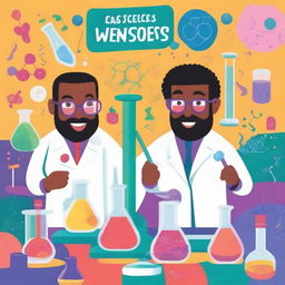 A cover page for science projects featuring two professors working with scientific instruments