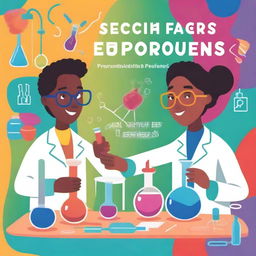 A cover page for science projects featuring two professors working with scientific instruments