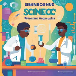 A cover page for science projects featuring two professors working with scientific instruments