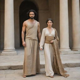 A scene where Abel, a figure of antiquity, stands with an extraordinarily beautiful woman of his time. They are both wearing clothes that reflect the style and culture of their era.