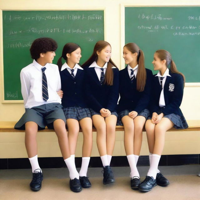 A picture of four high school students, two girls and two boys, sitting on separate benches and laughing together