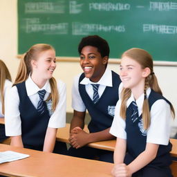 A picture of four high school students, two girls and two boys, sitting on separate benches and laughing together