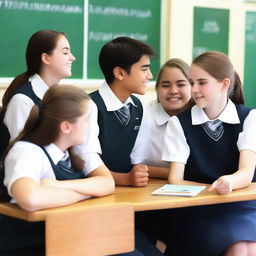 A picture of four high school students, two girls and two boys, sitting on separate benches and laughing together