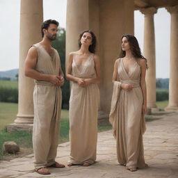 A scene where Abel, a figure of antiquity, stands with an extraordinarily beautiful woman of his time. They are both wearing clothes that reflect the style and culture of their era.