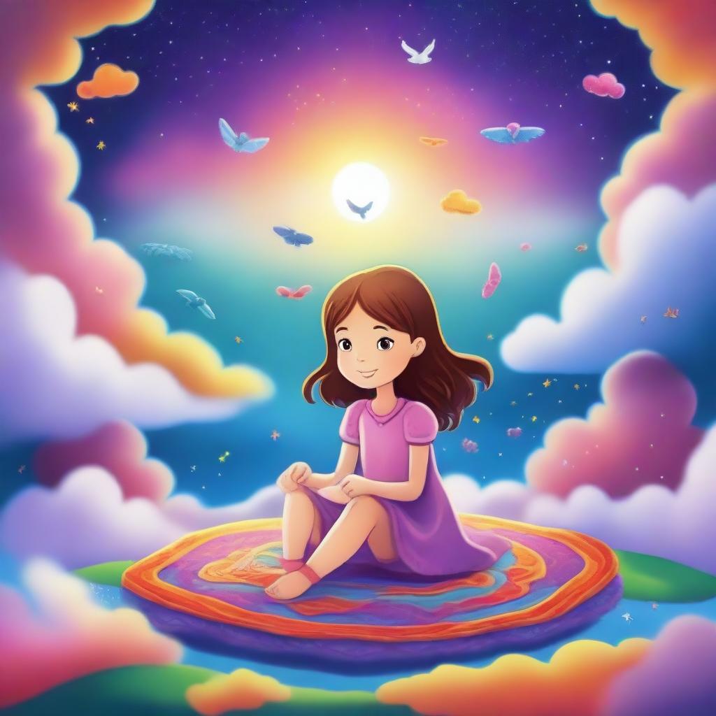 A young girl dreams about a fantasy world as she sits on a magical carpet, flying through the clouds