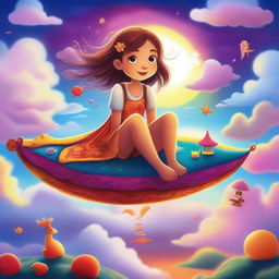 A young girl dreams about a fantasy world as she sits on a magical carpet, flying through the clouds