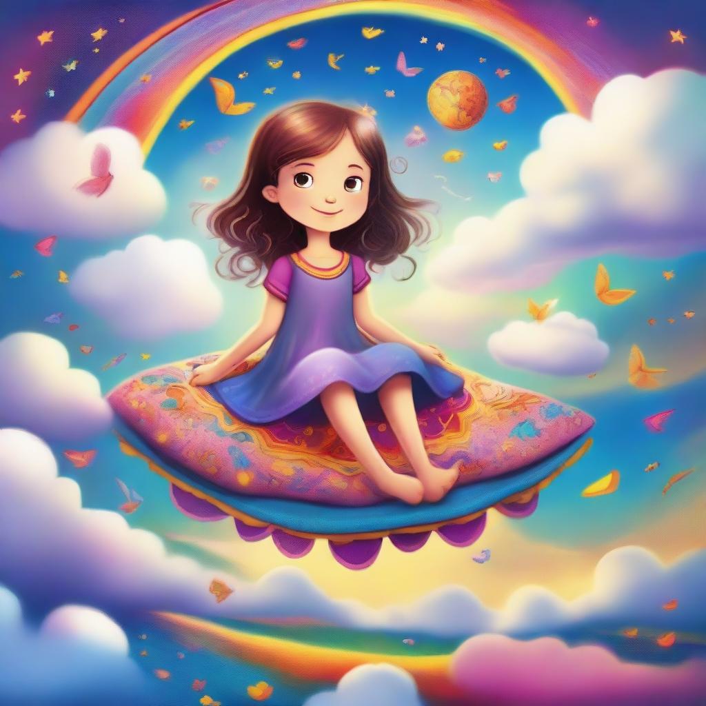 A young girl dreams about a fantasy world as she sits on a magical carpet, flying through the clouds