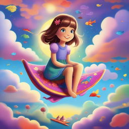 A young girl dreams about a fantasy world as she sits on a magical carpet, flying through the clouds