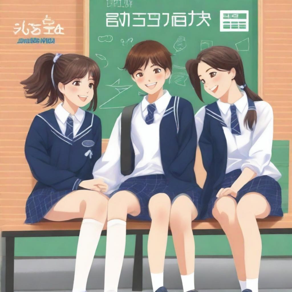 A book cover image depicting four high school students, two girls and two boys, sitting on separate benches and laughing together