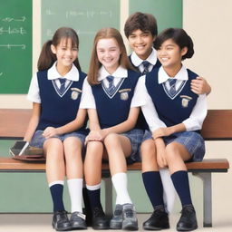 A book cover image depicting four high school students, two girls and two boys, sitting on separate benches and laughing together