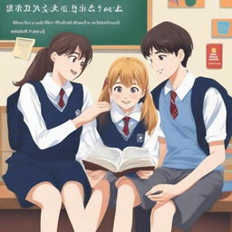 A book cover image depicting four high school students, two girls and two boys, sitting on separate benches and laughing together