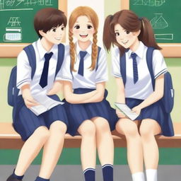 A book cover image depicting high school students, two girls and two boys, sitting on separate benches and laughing together