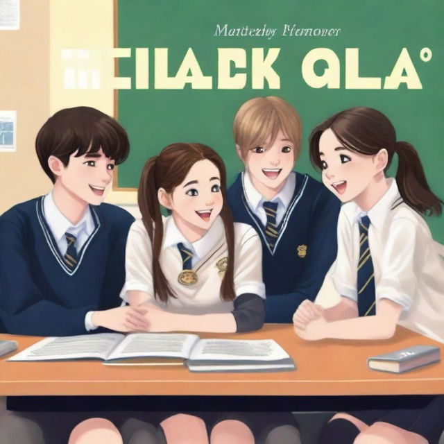 A book cover showing four high school students, two girls and two boys, sitting on separate benches and laughing together