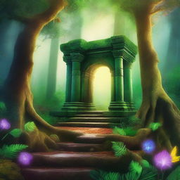 Create an ebook cover featuring a mystical forest with a hidden ancient temple