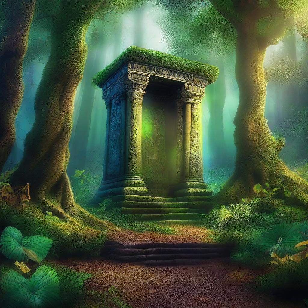 Create an ebook cover featuring a mystical forest with a hidden ancient temple