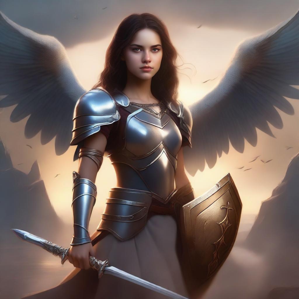 A beautiful girl with wings on her back, holding a sword in one hand and a shield in the other