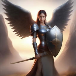 A beautiful girl with wings on her back, holding a sword in one hand and a shield in the other