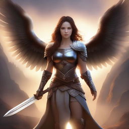 A beautiful girl with wings on her back, holding a sword in one hand and a shield in the other