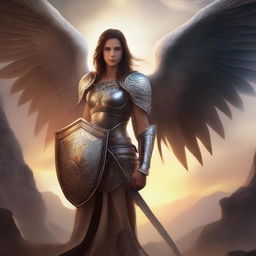 A beautiful girl with wings on her back, holding a sword in one hand and a shield in the other