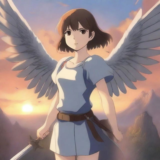 A beautiful girl in anime style with wings on her back, holding a sword in one hand and a shield in the other