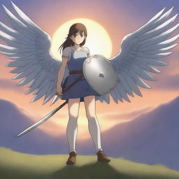 A beautiful girl in anime style with wings on her back, holding a sword in one hand and a shield in the other