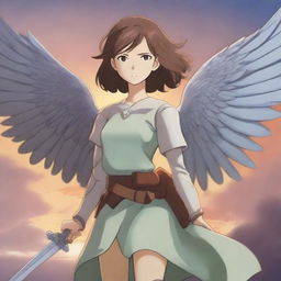 A beautiful girl in anime style with wings on her back, holding a sword in one hand and a shield in the other