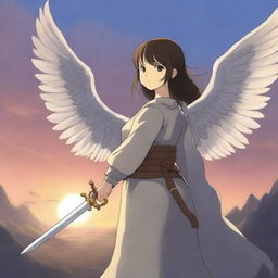 A beautiful girl in anime style with wings on her back, holding a sword in one hand and a shield in the other