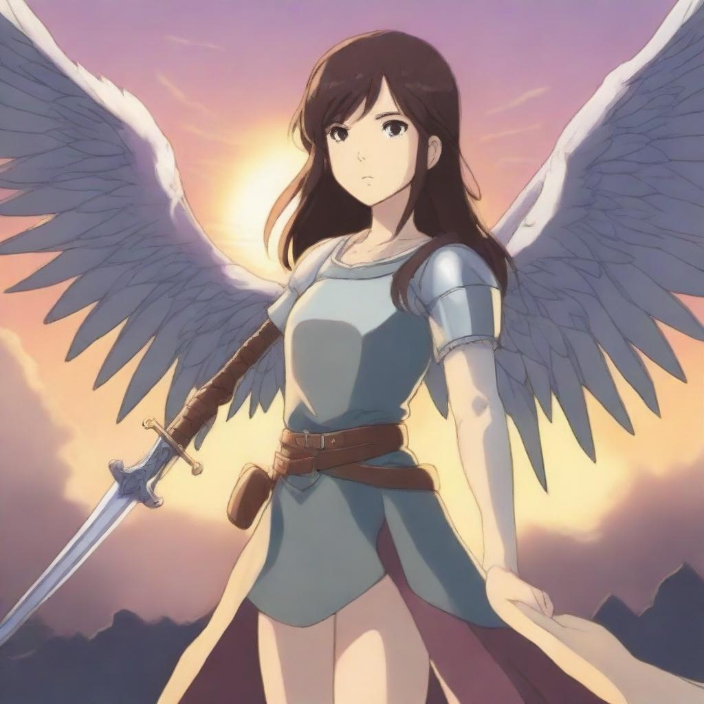 Art of a beautiful girl in anime style with wings on her back, holding a sword in one hand and a shield in the other