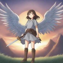 Art of a beautiful girl in anime style with wings on her back, holding a sword in one hand and a shield in the other