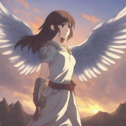 Art of a beautiful girl in anime style with wings on her back, holding a sword in one hand and a shield in the other