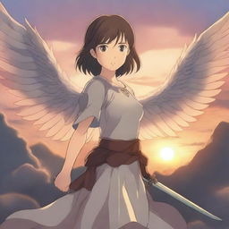 Art of a beautiful girl in anime style with wings on her back, holding a sword in one hand and a shield in the other