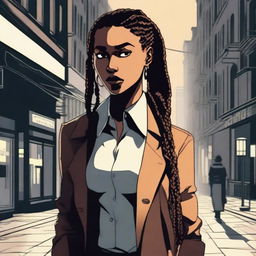 A female detective with braids, her face unclear, standing in the city streets surrounded by shadows