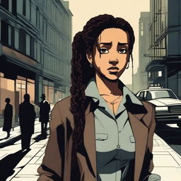 A female detective with braids, her face unclear, standing in the city streets surrounded by shadows